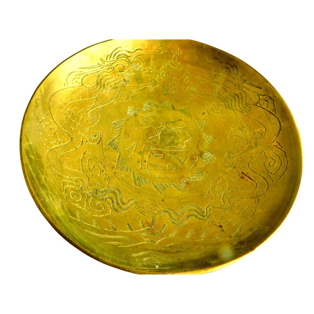 Vintage Chinese Brass Bowl Etched Dragon Design 10" Shallow Tray Chinoiserie